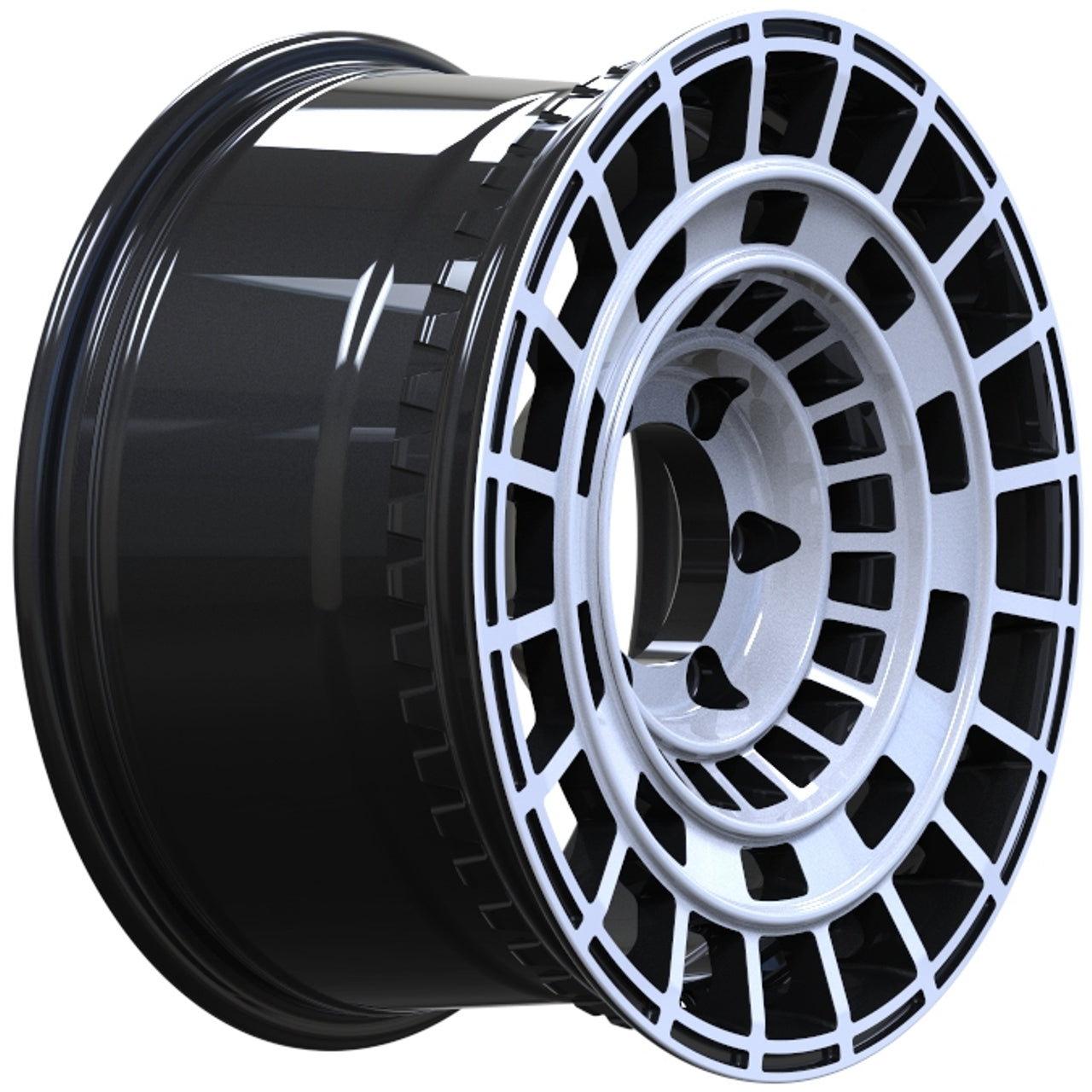 Black alloy wheel with a white rim on a white background