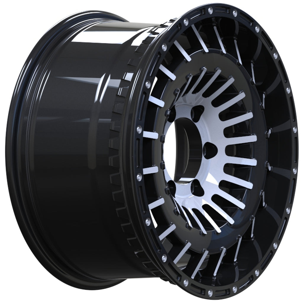 Black alloy wheel on a white background