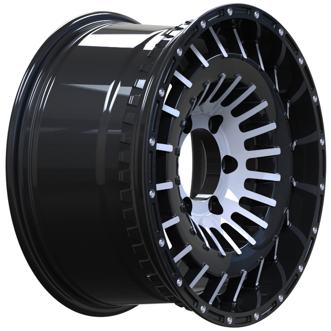 Black alloy wheel on a white background
