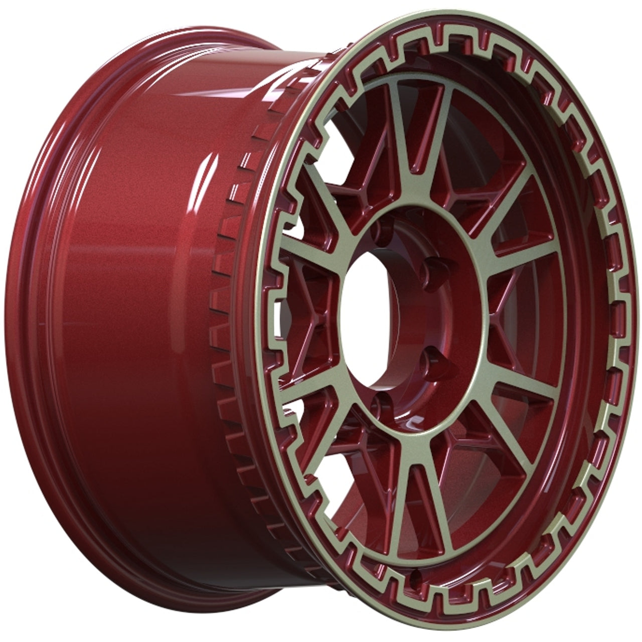 Red alloy wheel on a white background