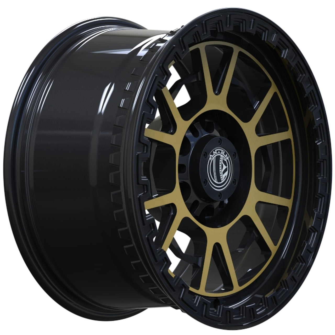 Black alloy wheel with gold accents on a white background