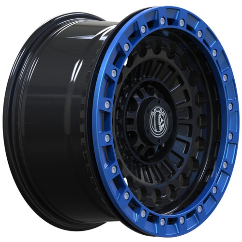 Black alloy wheel with blue rim on a white background