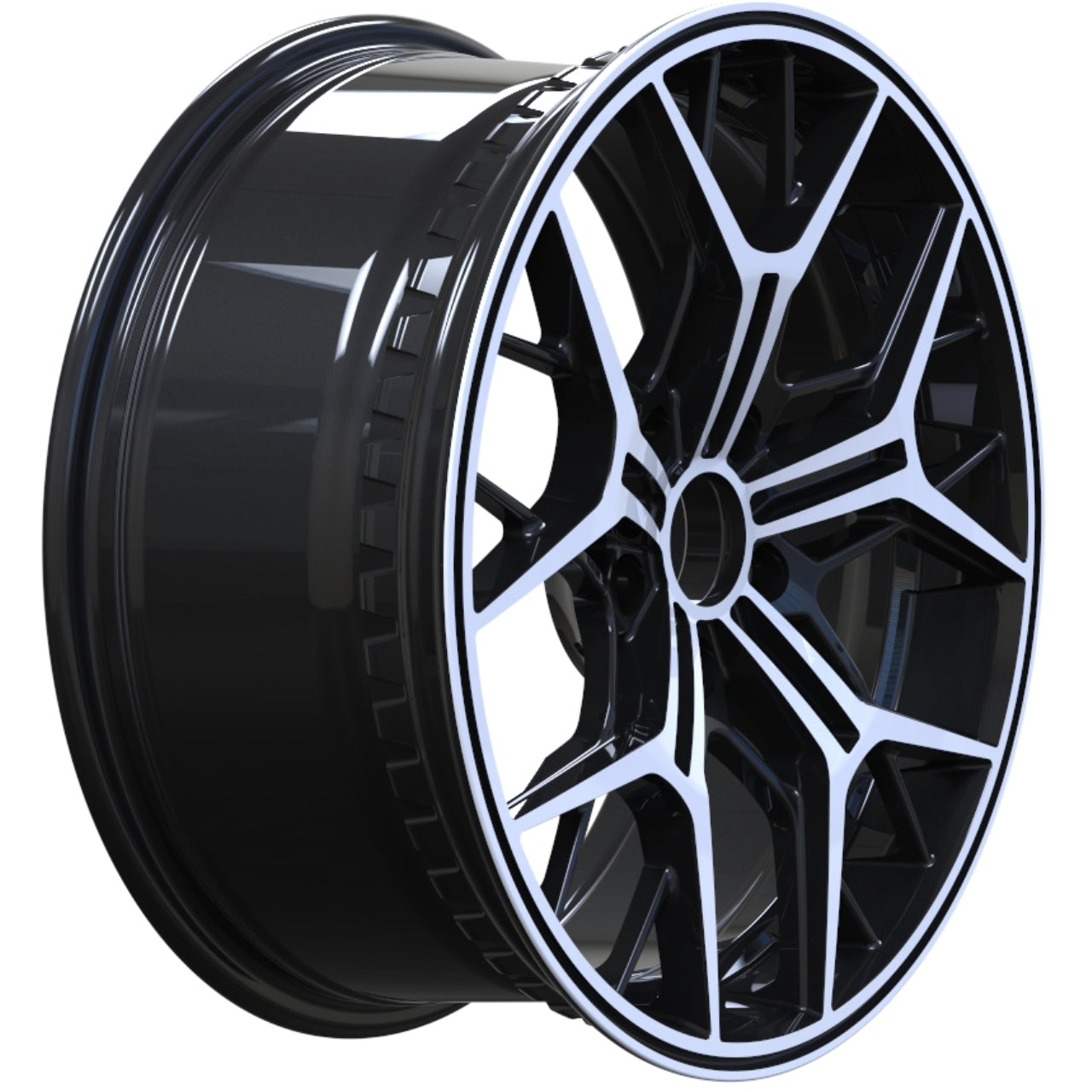 Black alloy wheel with a white rim on a white background