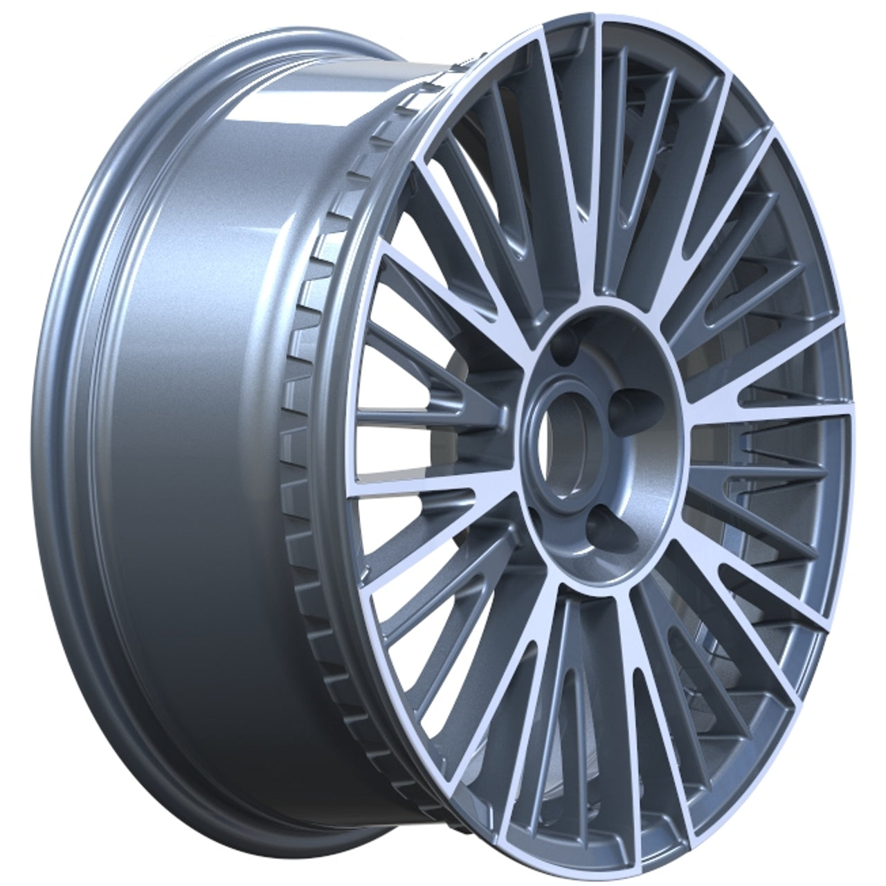 Silver alloy wheel rim on a white background