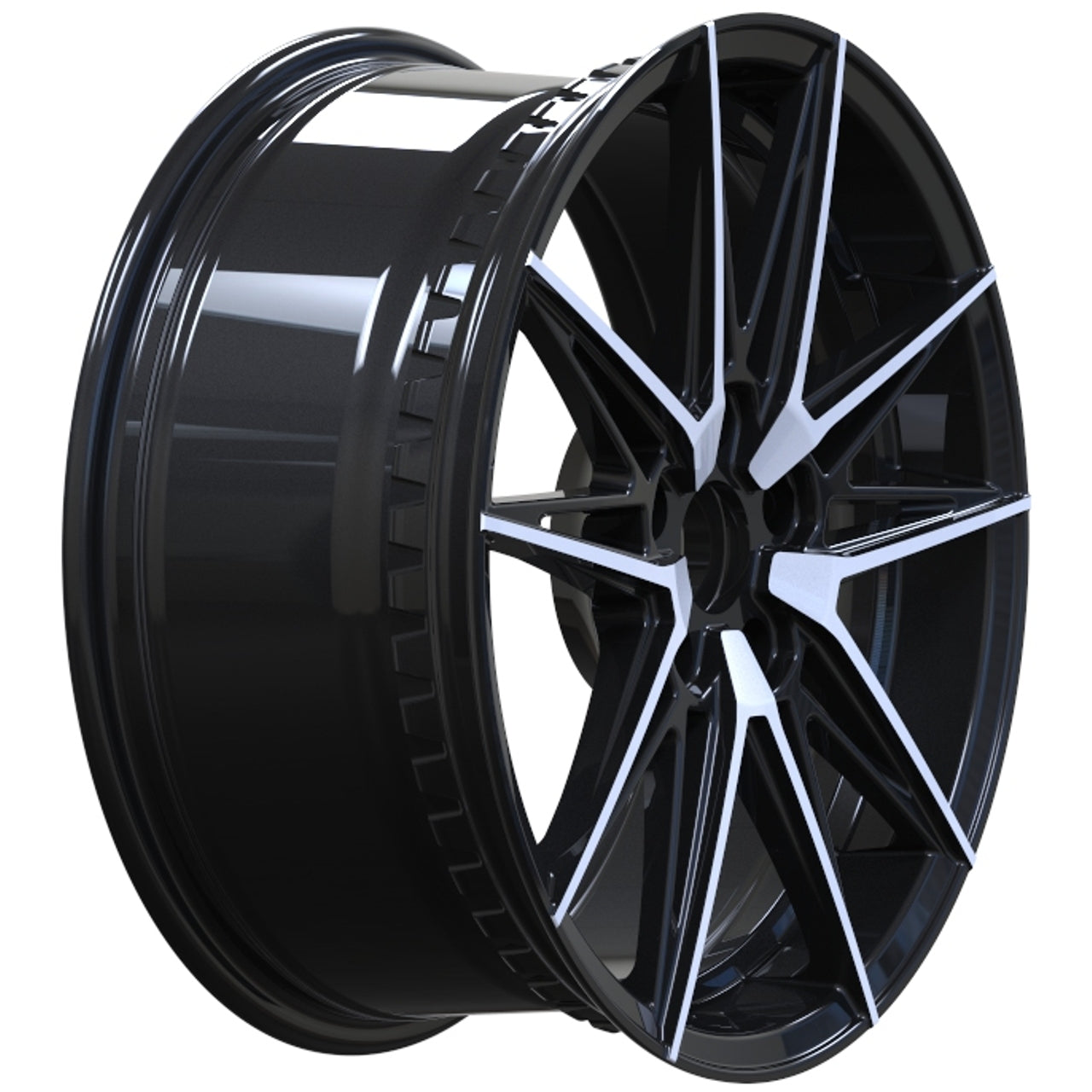 Black alloy wheel with a shiny finish on a white background