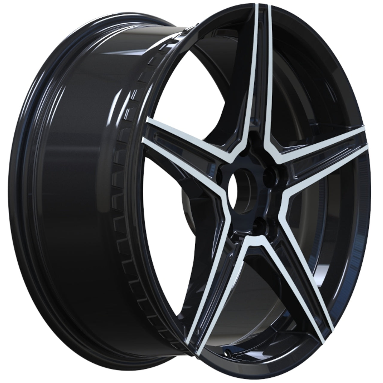 Black alloy wheel with star-shaped design on a white background