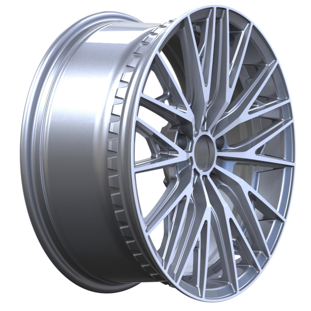 Silver alloy wheel on a white background