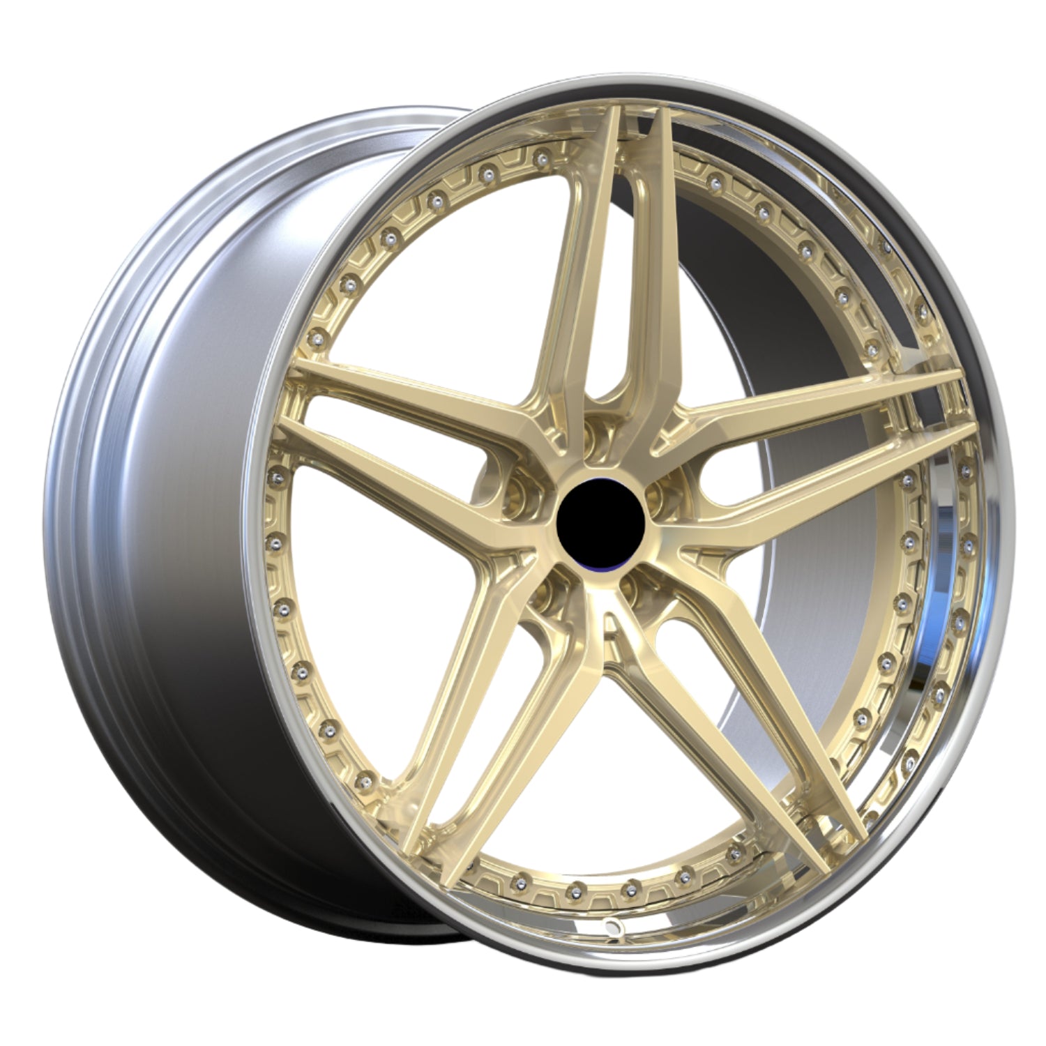 Gold alloy wheel with a visible brand logo on a white background