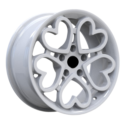 BMW alloy wheel with heart-shaped design on a white background