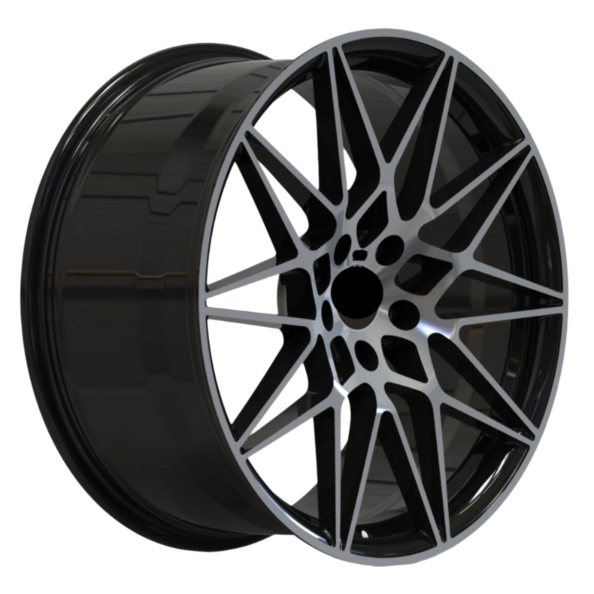 Black BMW alloy wheel on a white background
