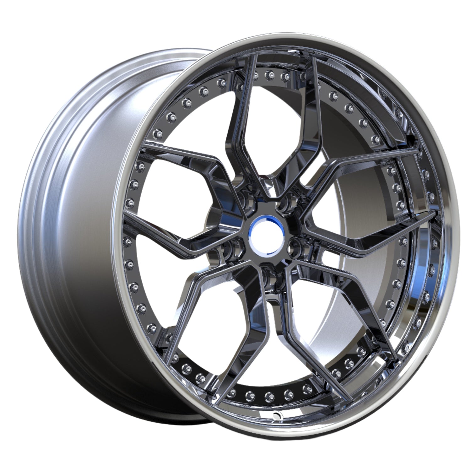 Chrome car wheel rim with BMW logo on a white background