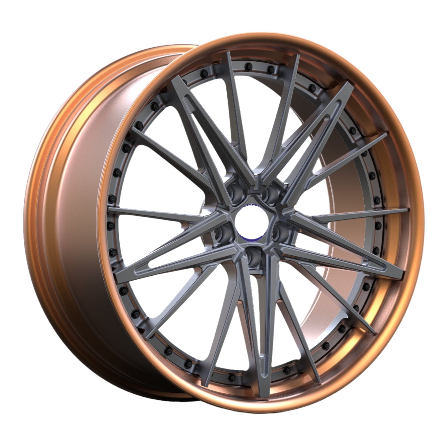 Car wheel rim with bronze finish and visible brand logo on a white background